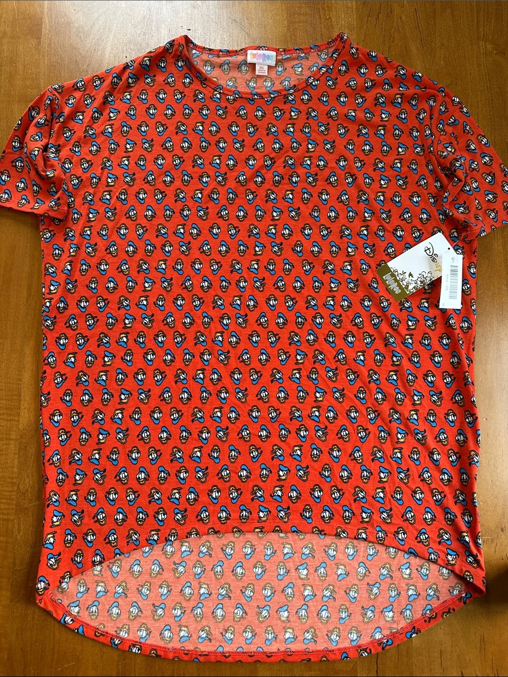 LuLaRoe Red Short Sleeve Tee with Blue and Black Micro Print of Donald Duck